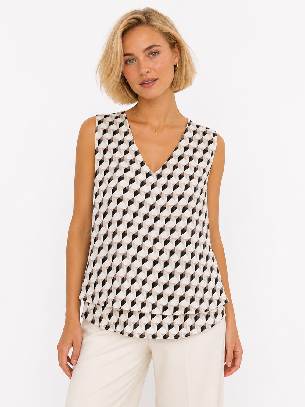 White House Black Market Silk Blouse L Geometric Sleeveless Layered Summer Top
